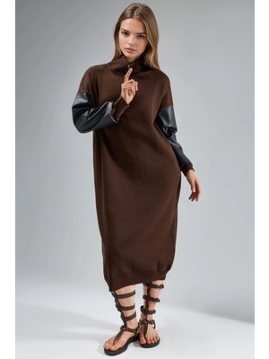 Hiccup Kadın My Fashıon Suni Deri Detaylı Uzun Dokulu Triko Elbise Kahve Kahvesi