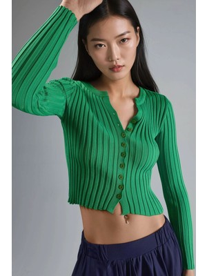 Hiccup Kadın My Fashıon Düğmeli Fitted Kısa Kazak Çam Yeşili