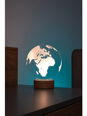 Normadia Dünya Haritası Figürlü LED Masa Lambası, 7 Renkli Işık, Ahşap Taban