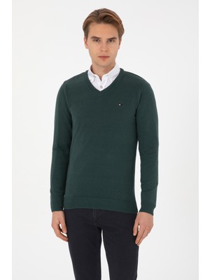 U.S. Polo Assn. Erkek Slim Fit V Yaka Koyu Yeşil Basic Kazak 50313668-VR079