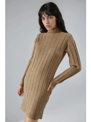 Hiccup Kadın My Fashıon Fitilli Balıkçı Yaka Mini Örme Elbise Deve Kahvesi