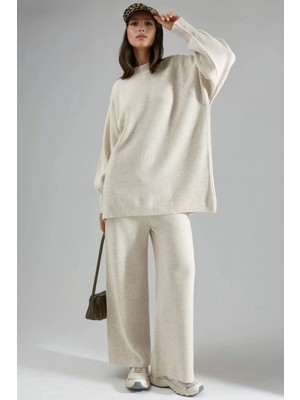 Hiccup Kadın My Fashıon Rahat Kesim Kazak & Pantolon Triko Takımı Taş Doğal