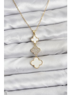 Moresun Buğz 316L Çelik Zincir Gold Renk Yonca Detaylı Zirkon Taşlı Kadın Kolye