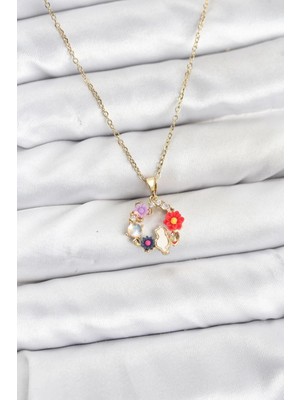 Moresun Buğz 316L Çelik Zincir Gold Renk Çiçekli Kedili Model Kadın Kolye