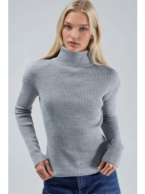 Hiccup Kadın My Fashıon Fitted Dokulu Balıkçı Yaka Kazak Açık Gri