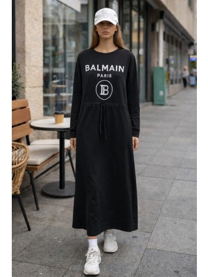 Miskoza Kadın Uzun Elbise Günlük Rahat Kesim Baskılı Bisiklet Yaka Elbise