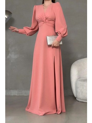 Ezraa Pudra Askılı Yırtmaçlı Düz Elbise