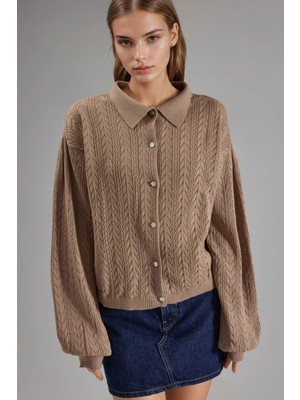 Hiccup Kadın My Fashıon Jakarlı Desenli Düğmeli Hırka Deve Kahvesi