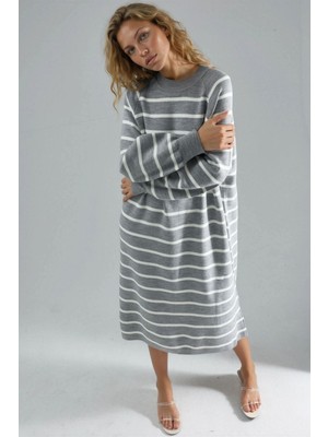 Hiccup Kadın My Fashıon Uzun Kollu Çizgili Triko Elbise Gri