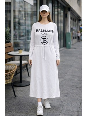 Miskoza Kadın Uzun Elbise Günlük Rahat Kesim Baskılı Bisiklet Yaka Elbise