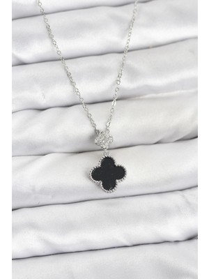 Moresun Buğz 316L Çelik Zincir Gümüş Renk Yonca Model Zirkon Taşlı Kadın Kolye