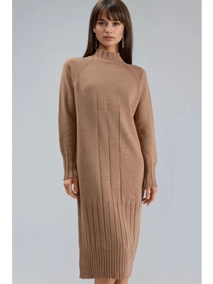 Hiccup Kadın My Fashıon Dik Yaka Triko Midi Elbise Deve Kahvesi