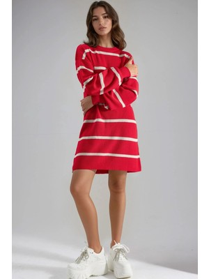 Hiccup Kadın My Fashıon Ribana Çizgili Kısa Örme Elbise Kırmızı