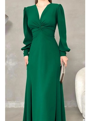 Ezraa Yeşil Askılı Yırtmaçlı Düz Elbise