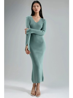 Hiccup Kadın My Fashıon V Yakalı Dokulu Uzun Triko Elbise Nane Yeşili