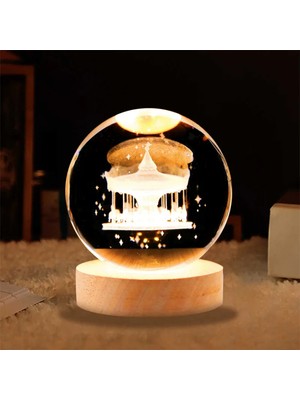 Normadia Şık Cam Küre Gece Lambası, USB Girişli, Ahşap Altlı, Işıklı Dekorasyon