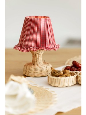 Normadia Kırmızı Pötikare Desenli Rattan Ayaklı Kablosuz Gece Masa Lambası