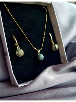 Initium Xuping Paslanmaz Çelik 14K Altın Kaplama Nazar Boncuk Model Sevgililer Günü Hediye Seti (Kolye, Küpe)