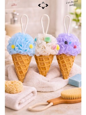 Liground 3 Adet Dondurma Desenli Banyo Lifi Duş Süngeri Figürlü Sevimli Banyo Aksesuarı