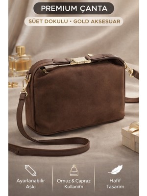 Kadın Kahverengi Süet Omuz ve Çapraz Çanta – Gold Aksesuarlı