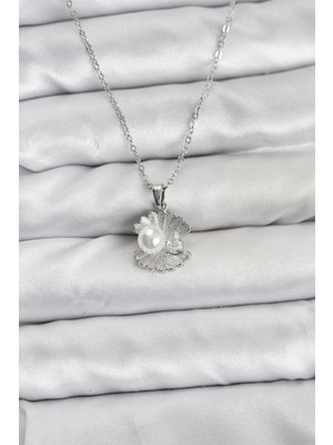Moresun Buğz 316L Çelik Zincir Gümüş Renk Istiridye Inci Model Zirkon Taşlı Kadın Kolye