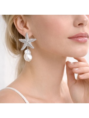 Deniz Yıldızı Figürlü Inci Detaylı Gümüş Renk Marka Model Küpe