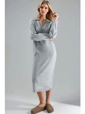 Hiccup Kadın My Fashıon Fitilli Polo Yakalı Maksi Örme Elbise Gri