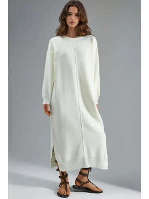 Hiccup Kadın My Fashıon Yırtmaç Detaylı Uzun Triko Elbise Tozlu Beyaz