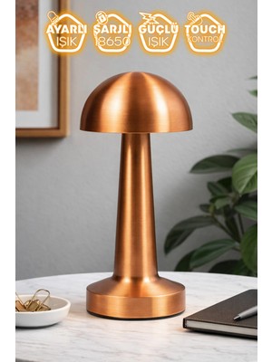 Normadia Şarjlı Ledli Masa Lambası, Mantar Tasarım, Rose Gold, 25CM, Modern Aydınlatma