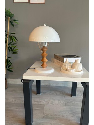 Normadia Beyaz Mantar Masa Lambası Ahşap Dekoratif Abajur Çocuk Odası Okuma Işığı