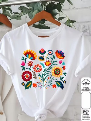 Eymora Çiçek Motifi Desenli Kısa Kollu Tişort