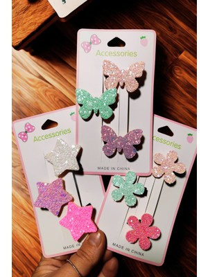 Kız Çocuk 9 Adet Glitter Simli Pens Toka (Kelebek-Kalp-Yıldız )