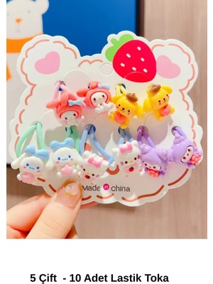 Kuromi & My Melody & Pompompurin & Cinnamoroll & Hello Kity Figürlü 5 Çift Toka