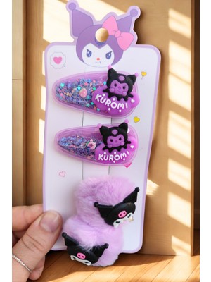 Kuromi 4'lü Toka Seti (2 Adet Pulcuklu - 2 Adet Peluş Ponpon )