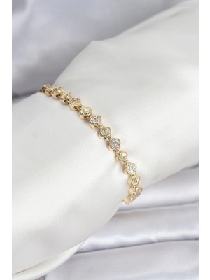Alvo Store Buğz Pirinç Gold Renk Vıp Seri Sıralı Yonca Model Zirkon Taşlı Kadın Bileklik