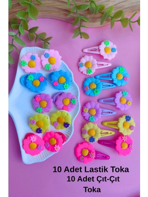 Renkli Çiçek Figürlü Toka Seti ( 10 Adet Lastik Toka - 10 Adet Çıt-Çıt Toka )