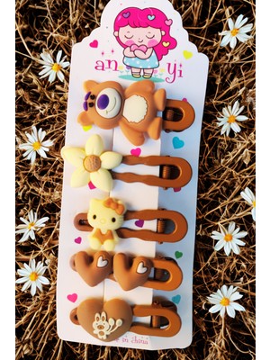 Sevimli Figürlü Kahverengi Pens Toka Seti 5 Parça