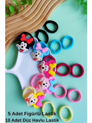 Minnie Mouse Figürlü Lastik Toka (5 Adet Figürlü-10 Adet Düz Havlu Lastik)