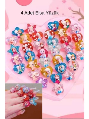Kız Çocuk 4 Adet Elsa Figürlü Simli Yüzük