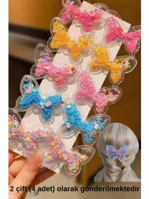 Sevimli Kelebek Figürlü Içleri Pulcuklu Pens Toka 2 Çift (4 Adet )