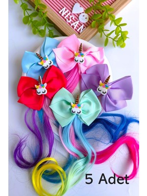 Kız Çocuk Kumaş Fiyonk Unicorn Yapay Saç Postiş 5 Adet
