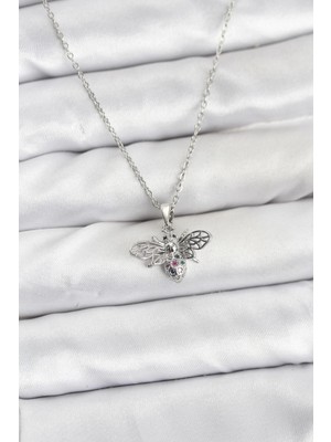 Alvo Store Buğz 316L Çelik Zincir Gümüş Renk Sinek Model Zirkon Taşlı Kadın Kolye