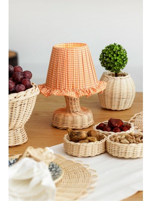 Normadia Turuncu Pötikare Desenli Rattan Ayaklı Kablosuz Gece Masa Lambası