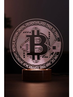 Normadia Renkli LED Masa Lambası, Ahşap Tabanlı, Kripto Temalı, Dekoratif Aydınlatma