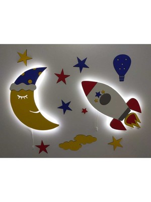 Normadia Ahşap Çocuk Odası Ay Roket Gece Lambası Ledli Aydınlatma
