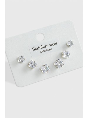 DS LLC 6 Adet Kare Zirkon Tek Taşlı Çelik Küpe ( Büyük Kare ) DLLSRSBJ34