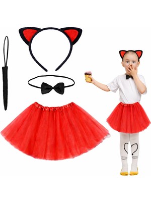 DS LLC Ieg™ Kırmızı Renk Kedi Kostüm Seti - Tütü, Taç, Papyon, Kuyruk DCLLS-RSTK345