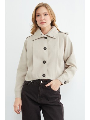 FullaModa Düğmeli Gömlek Yaka Pileli Trençkot