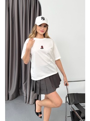Giysa Kadın Bisiklet Yaka Kedi Nakışlı 2ip T-Shirt Beyaz - 26Y 26605