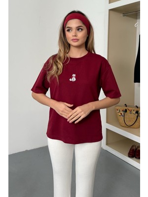 Giysa Kadın Bisiklet Yaka Kedi Nakışlı 2ip T-Shirt Bordo - 26Y 26605